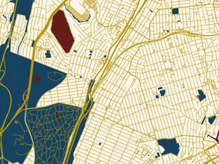 Obraz premium Flat city map of Wakefield, New York in dark red water and warm gold roads