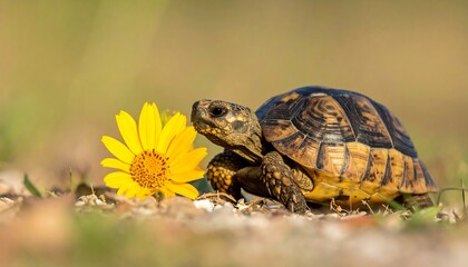 Obraz premium A turtle smelling a yellow flower on the ground