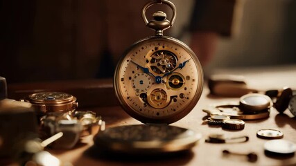  Vintage Pocket Watch with Exposed Mechanism on Workshop Table