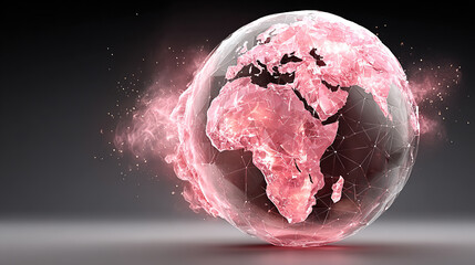 A digital illustration of Earth with a pink hue and network overlay.