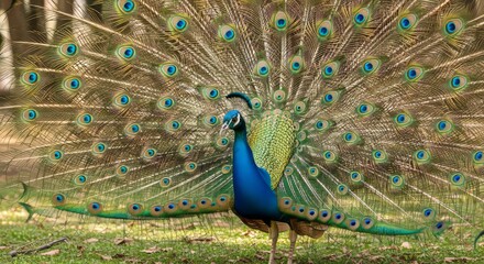 Obraz premium Indian peafowl displaying its magnificent iridescent tail feathers with eye patterns. A colorful and iconic bird native to the Indian subcontinent, symbolizing beauty and elegance.