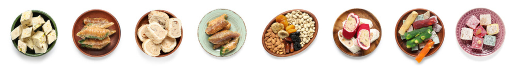 Set of traditional Turkish desserts on white background, top view © Pixel-Shot