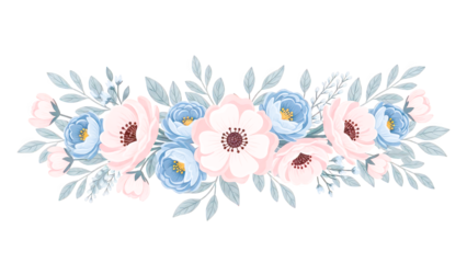 Floral bouquet with pink and blue flowers and green leaves on a striped background
