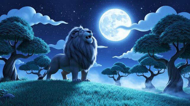 A majestic cartoon lion is roaring under the ethereal blue full moon on a grassy savanna landscape.