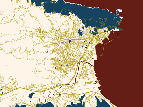 Decorative abstract map of Bejaia, Algeria, featuring deep-red water with clean ivory streets and warm gold road lines on a soft cream background