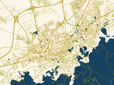 Modern graphic street map of Blida, Algeria, with deep-red water with clean ivory streets and warm gold road lines on a soft cream background