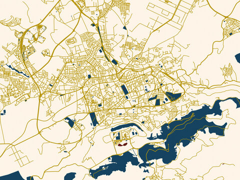 Poster-style map of Tlemcen, Algeria using dark red water and warm gold roads
