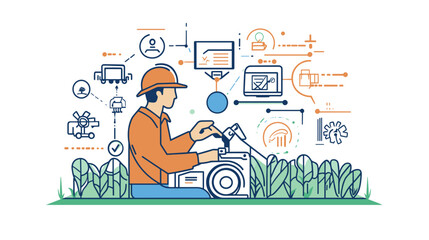 Naklejka premium Man Operating Lawn Mower with Technology.