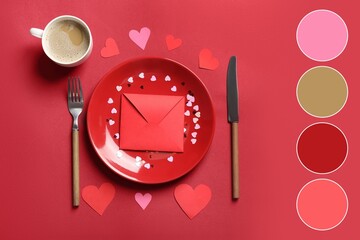 Table setting for Valentine's Day on red background. Different color patterns