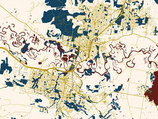 Fototapeta premium Modern graphic street map of Albury–Wodonga, Australia, with rich red water shapes with ivory land and golden street network accents
