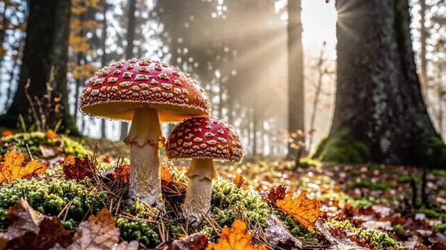 Two amanita muscaria mushrooms growing amidst autumn leaves and moss in a serene forest atmosphere with sunlight filtering