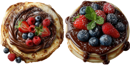 Delicious crepes topped with rich chocolate spread, fresh strawberries, blueberries, and raspberries, garnished with mint leaves, create visually appealing dessert