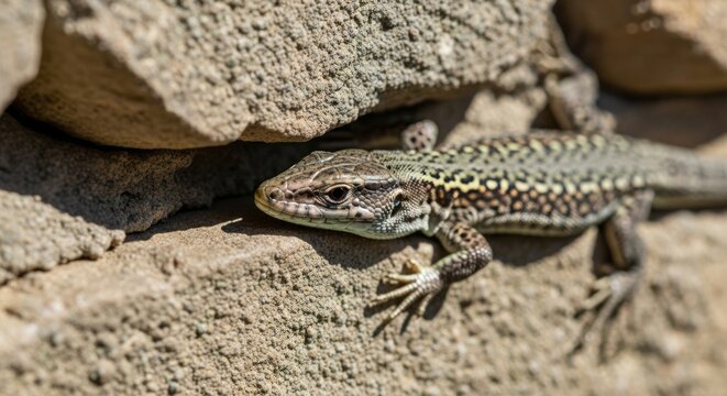 Italian wall lizard basking on a sunlit stone wall, showing green and brown scales with agile posture. A common European reptile adapted to urban and rocky habitats.