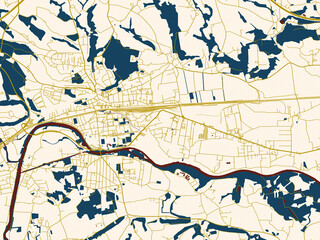 Obraz premium Flat city map of Amstetten, Austria — warm gold street grid over a cream background with bold deep-red water areas