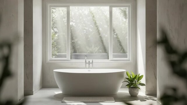 Minimal freestanding bathtub by window with soft sunlight, potted plant and serene bathroom ambiance