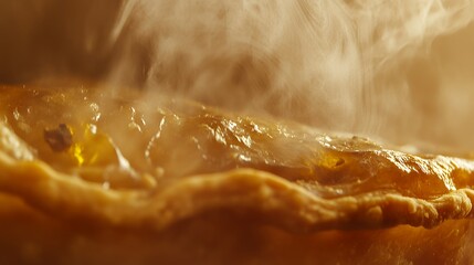 Hot steaming golden brown meat pie closeup