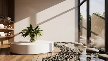 Serene spa interior featuring a white circular tub surrounded by wooden flooring and a tranquil water feature