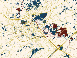 Naklejka premium Flat city map of Lokeren, Belgium — cream-toned city field with gold linework streets and deep red waterways for strong contrast