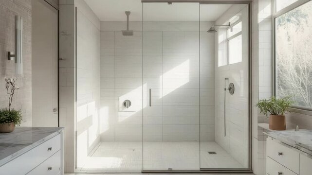 Bright modern glass shower walk enclosure with frameless glass, marble countertop, potted plant