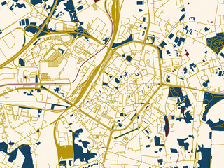 Obraz premium Flat city map of Mons, Belgium in midnight red and gold palette