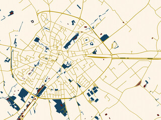 Modern graphic street map of Poperinge, Belgium, with minimal ivory map base with golden roads and dark red water bodies in a modern flat style