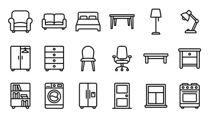 Obraz na płótnie Canvas Large set of furniture and home appliance icons in a simple black outline style, including a sofa, bed, chair, table, lamp, wardrobe, and kitchen stove for interior design
