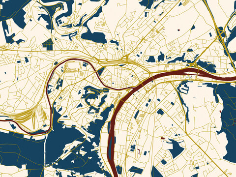 Minimalist map of Namur, Belgium, gold street network with deep red water