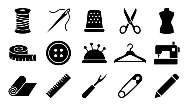 Collection of black sewing and tailoring icons featuring a needle, thread, scissors, mannequin, and sewing machine in a minimalist graphic style for dressmaking and craft projects