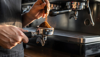 Barista pouring fresh ground coffee into portafilter perfect for cafe business marketing, gourmet food blogs, drink preparation tutorials, or high-end product packaging
