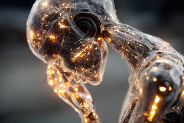 An abstract futuristic human figure, designed as a translucent digital structure with luminous elements.  