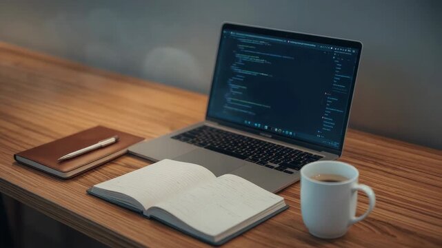 Laptop notebook pen coffee coding workspace cozy study with open code editor and journal