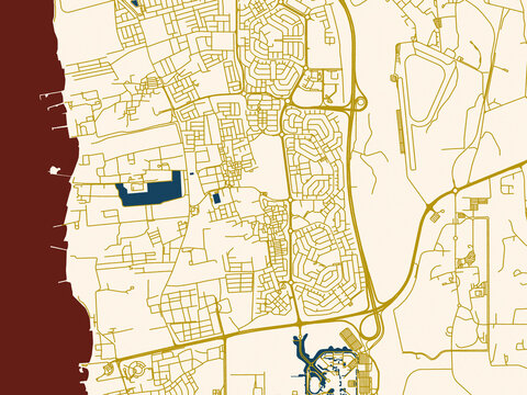 Abstract city map of Dar Kulayb, Bahrain with gold street network with deep red water