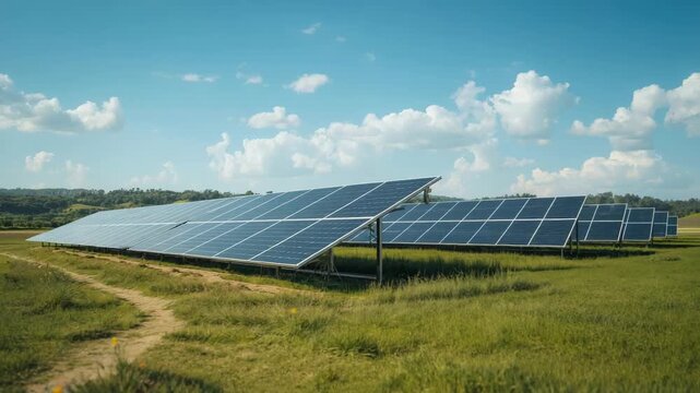 Solar panel array in green field under blue sky with fluffy clouds peaceful renewable