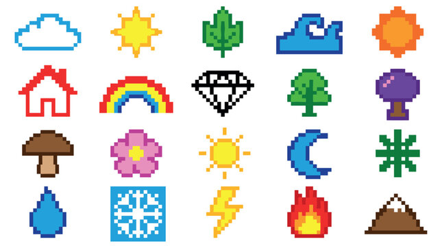 Colorful pixel art icon set featuring various nature, weather, and fantasy elements for retro video game design, including a sun, cloud, rainbow, fire, and water drop