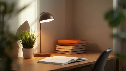Cozy study desk lamp illuminating open book beside stack of books and potted plant warm light - Powered by Adobe