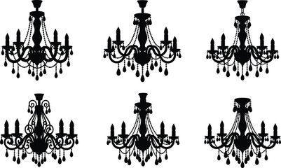 Set of black chandelier silhouettes featuring vintage crystal lamps, luxury ceiling light fixtures, and ornate baroque candelabra icons for classic interior design.
