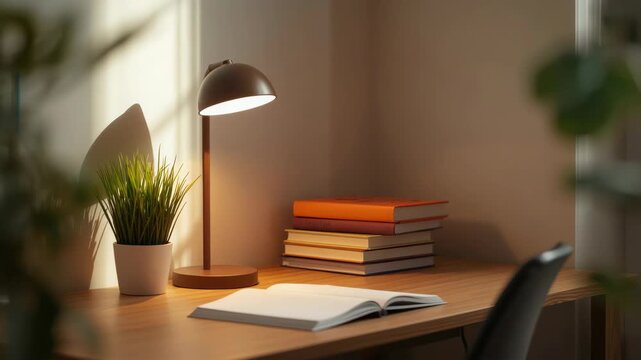Cozy study desk lamp illuminating open book beside stack of books and potted plant warm light