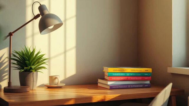 Sunlit wooden desk with lamp, potted plant, coffee cup and stacked books creating cozy workspace