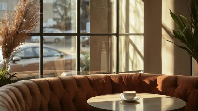 Cozy cafe corner with cup of coffee on round table by sunlit window and velvet sofa