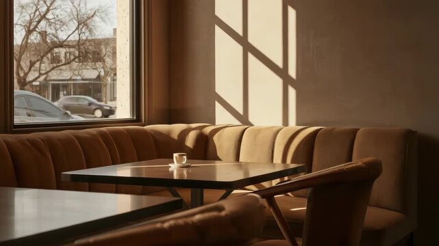 Sunlit cafe corner cup on table by velvet banquette with sunlight and shadow grid warmth