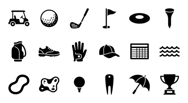 Large collection of black golf sport icons in a simple glyph style, featuring essential equipment and symbols like a cart, ball, club, tee, flag, and winner's trophy
