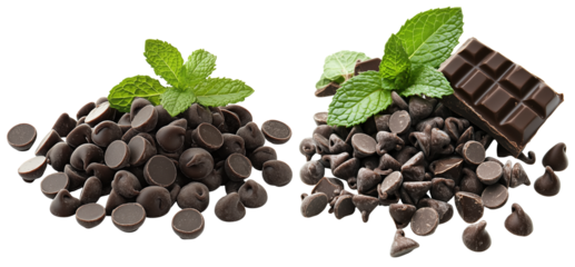 Delicious chocolate chips and rich chocolate bar are beautifully arranged with fresh mint leaves, creating inviting and indulgent scene perfect for dessert lovers