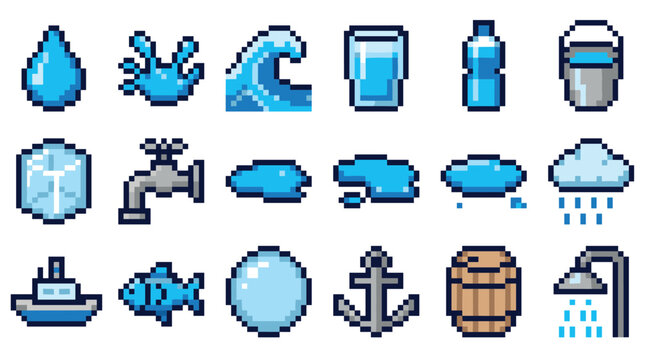 Set of pixel art water icons featuring a drop, wave, splash, glass, bottle, ice, faucet, cloud, fish, and boat in a retro 8-bit video game style illustration