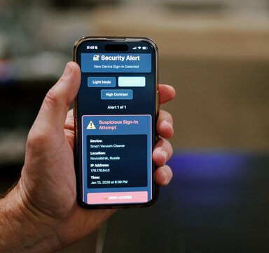 Middle Aged Man Gets Several Suspicious Sign In Alerts Related to Foreign IP Addresses Accessing Internet of Things Devices in His Home - Concept