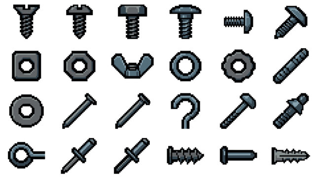 Pixel art collection of hardware fasteners including various screws, bolts, nuts, and nails in a detailed 8-bit retro video game style icon set for construction or repair themes