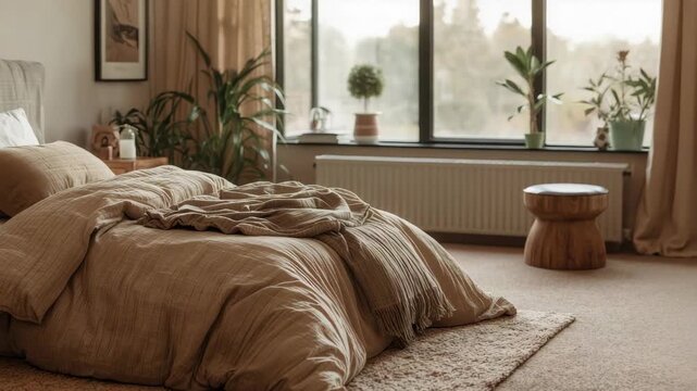 Cozy neutral bedroom rumpled linen duvet morning light indoor plant neutral color serene atmosphere