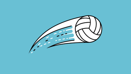 A stylized illustration of a volleyball in motion, leaving a trail of dashed lines against a blue background.
