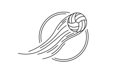 A minimalist black and white line drawing of a volleyball with a ring orbiting it.