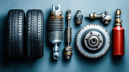 Automotive parts including tires, shock absorber, and brake disc laid out on a blue surface.