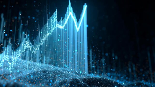 Digital creation of glowing blue graph and data visualization showing value growth with rising data